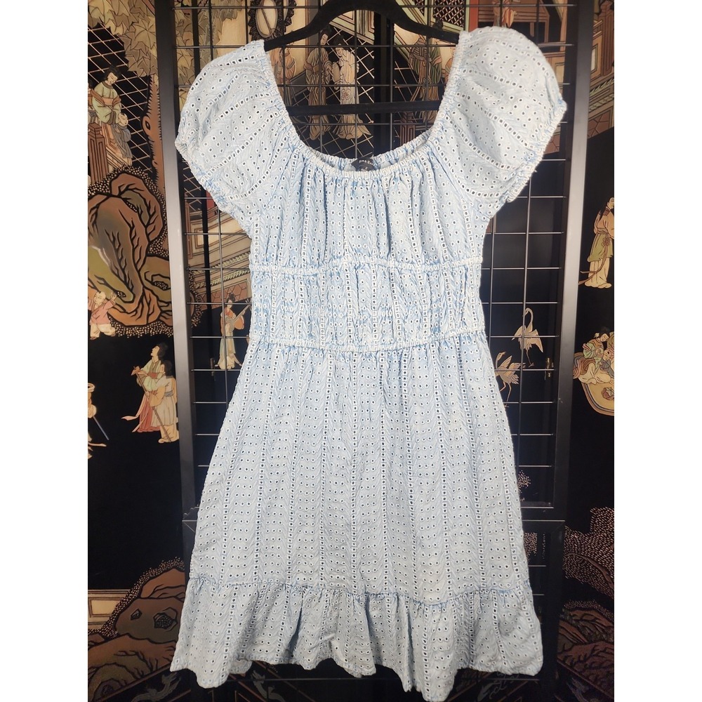 Sim & Sam Light Blue Eyelet Milkmaid Smocked Ruffle Dress Size S